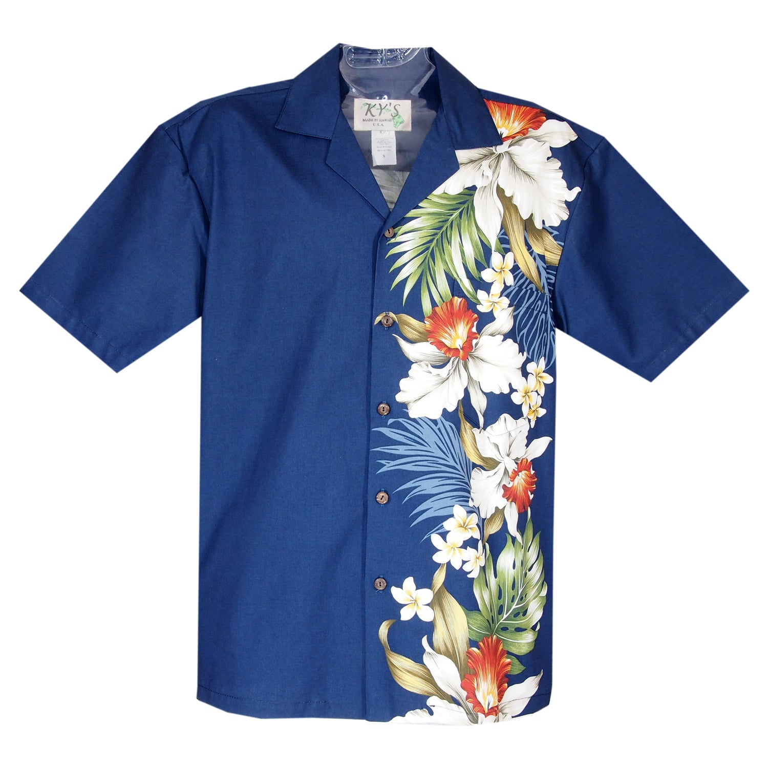 Orchid Plumeria Navy Vertical Border Hawaiian Shirt - PapayaSun