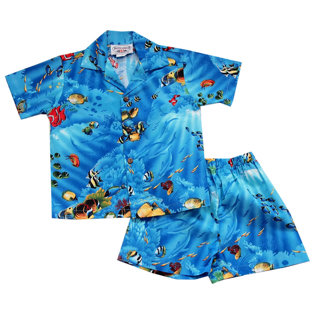 Fishy Time Turquoise Boy's Hawaiian Shirt and Shorts