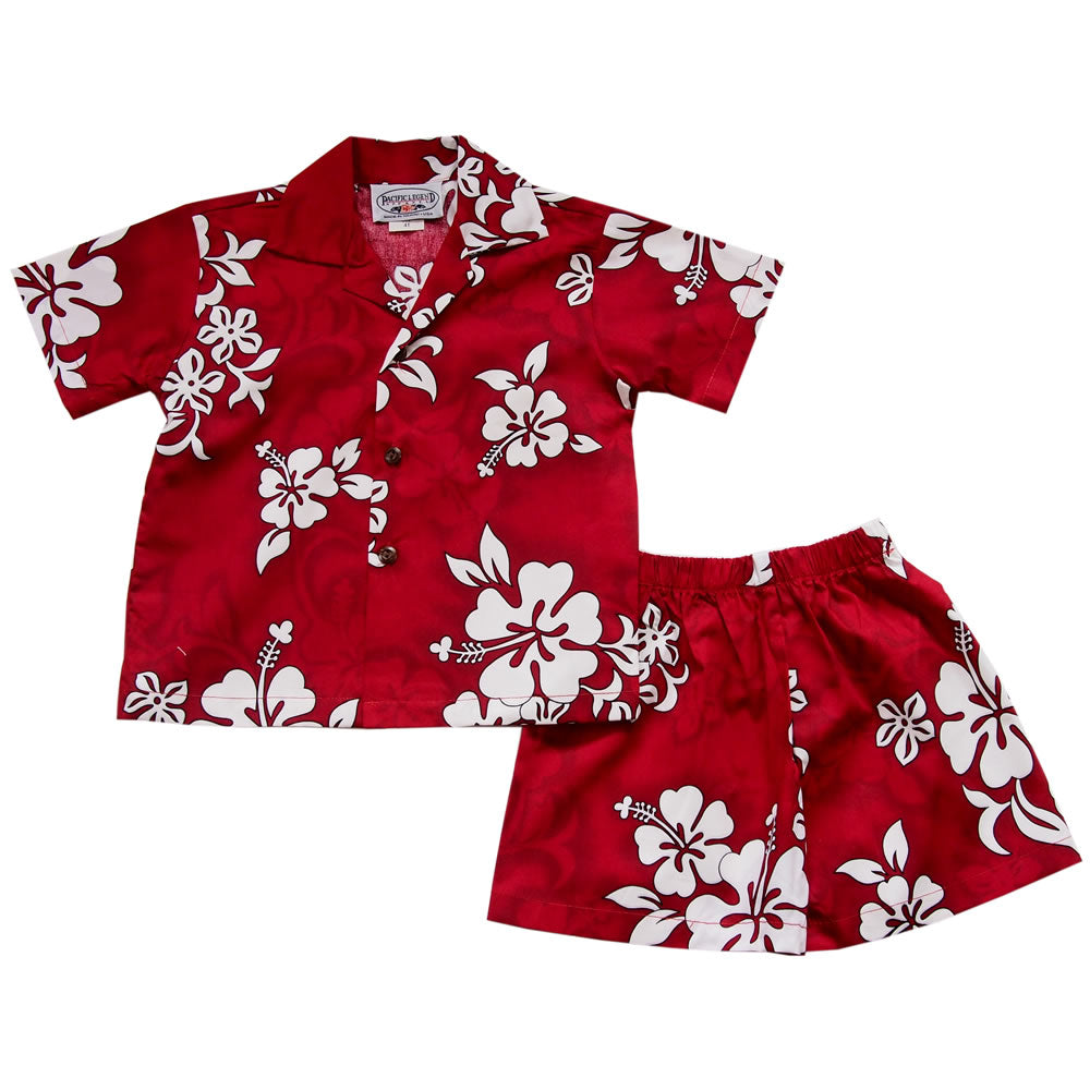 Matching Hawaiian Luau Outfit – Men & Boy Shirts In Sunset Red With Christmas Santa Print – Rayon Shirts