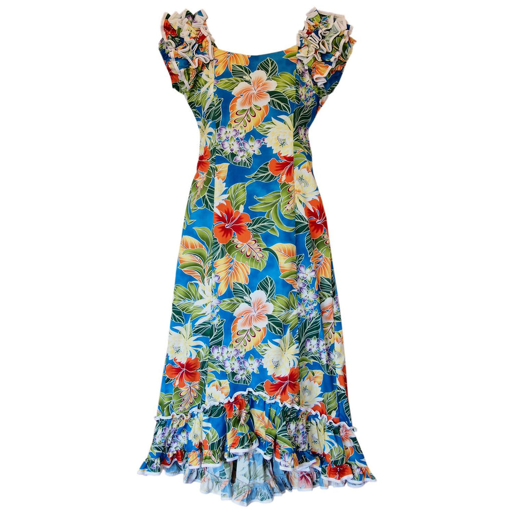 open lace back dress Excite Blue Hawaiian Meaaloha Muumuu Dress with Sleeves – PapayaSun