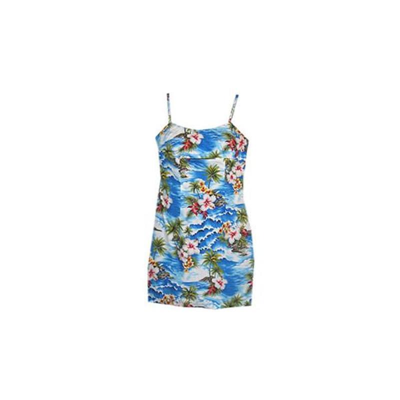 Lagoon Blue Short Hawaiian Skinny Strap Floral Dress Lagoon Blue Short Hawaiian Skinny Strap Floral Dress