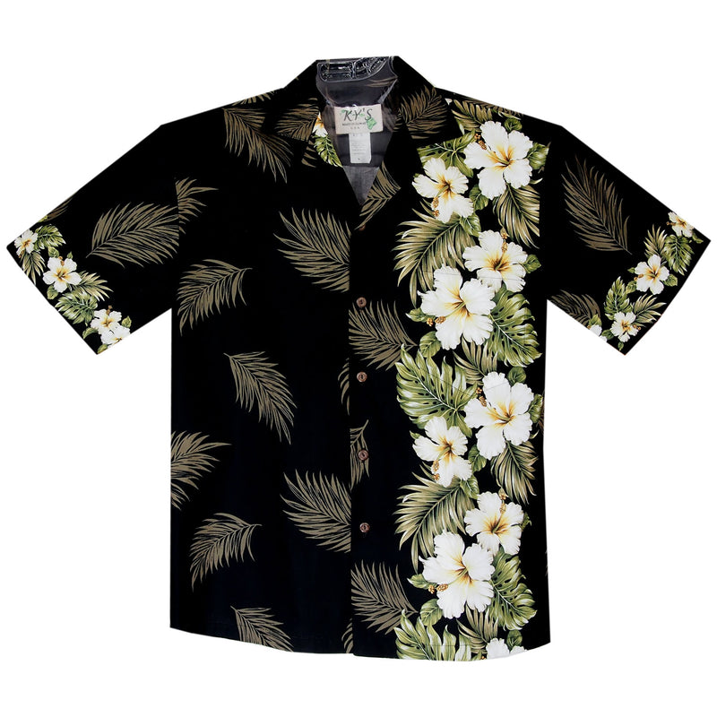 Hibiscus Black Vertical Border Hawaiian Shirt - PapayaSun