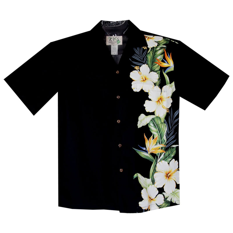 Hibiscus Bird Black Vertical Border Hawaiian Shirt - PapayaSun