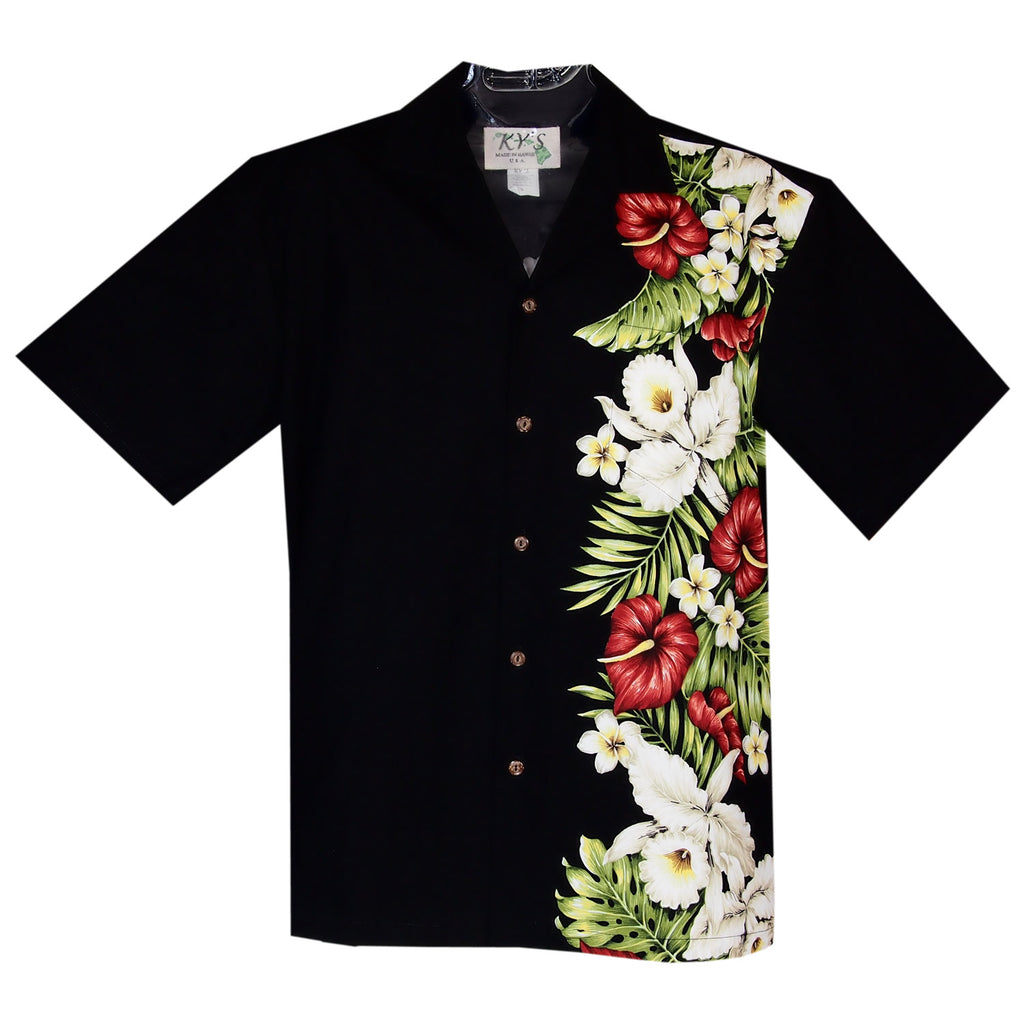 Anthurium Black Vertical Border Hawaiian Shirt - PapayaSun
