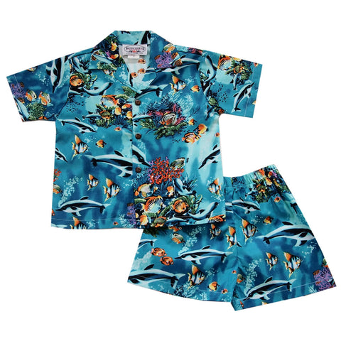 Hibiscus Blue Hawaiian Boy Shirt & Shorts Set