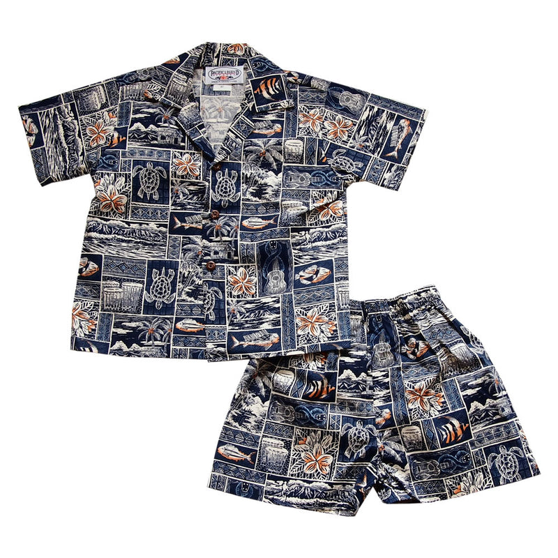 Collage Blue Hawaiian Boy Shirt & Shorts Set - PapayaSun