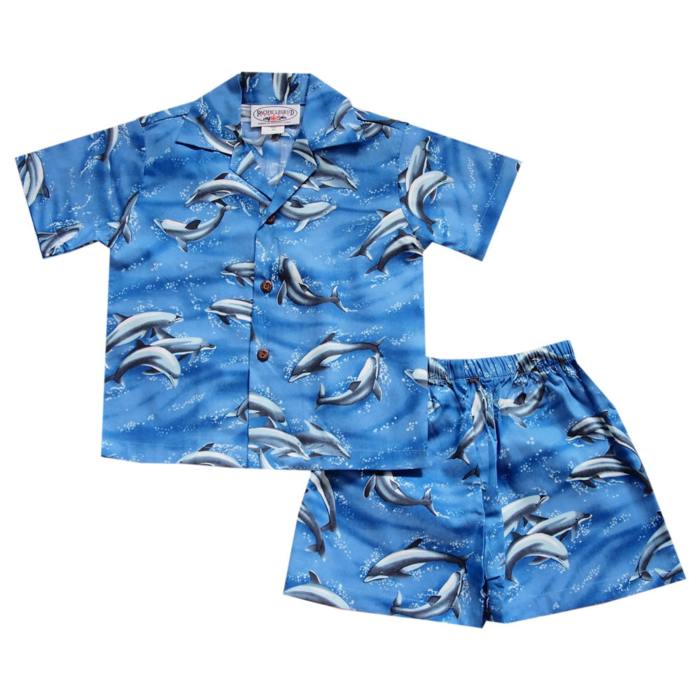 Dolphin Blue Hawaiian Boy Shirt & Shorts Set - PapayaSun