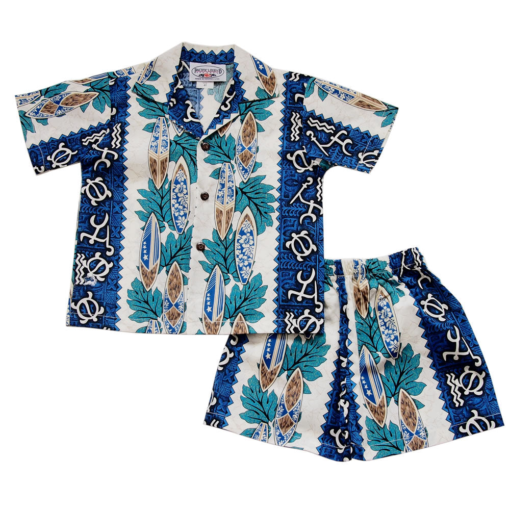 Blue Glyph Hawaiian Boy Shirt & Shorts Set - PapayaSun