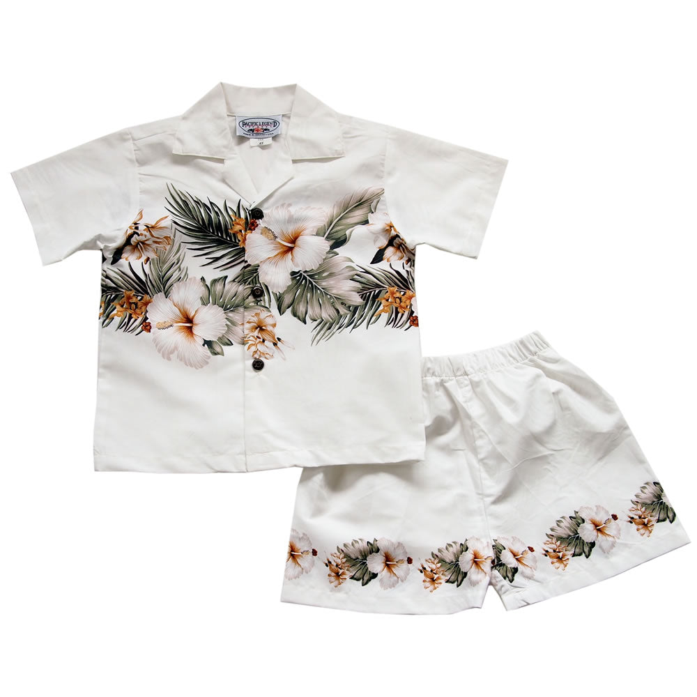 Hibiscus White Hawaiian Boy Shirt & Shorts Set - PapayaSun