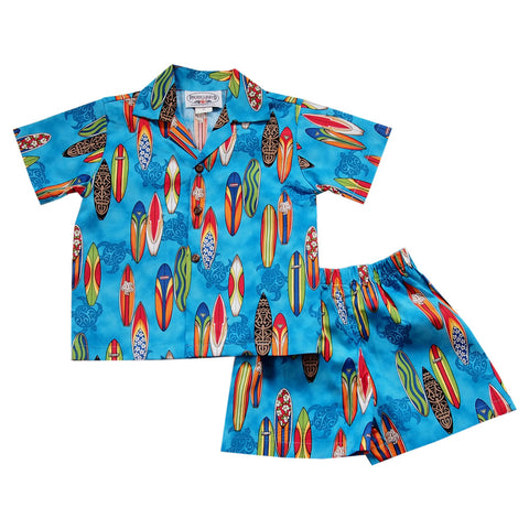 Hibiscus Blue Hawaiian Boy Cabana Border Shirt & Shorts Set