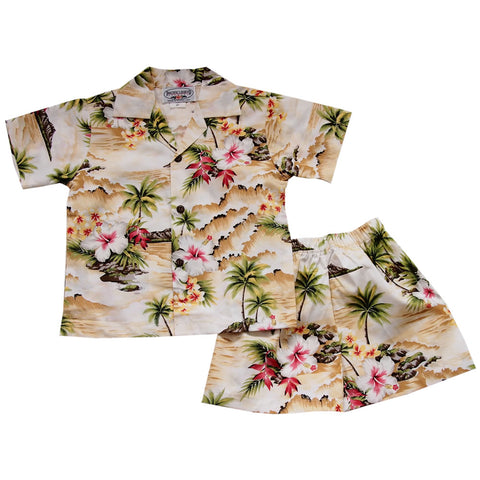 Hibiscus White Hawaiian Boy Cabana Border Shirt & Shorts Set