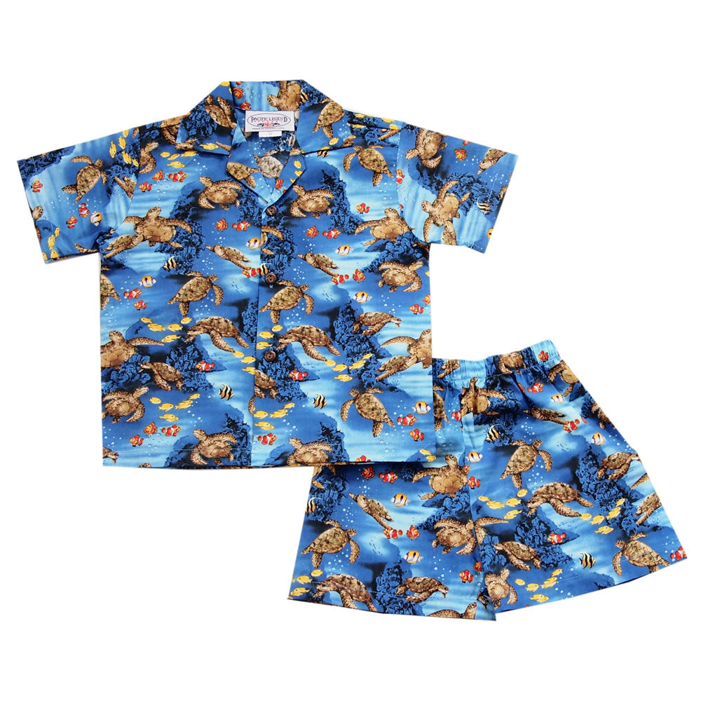 Sea Turtle Blue Hawaiian Boy Shirt & Shorts Set - PapayaSun