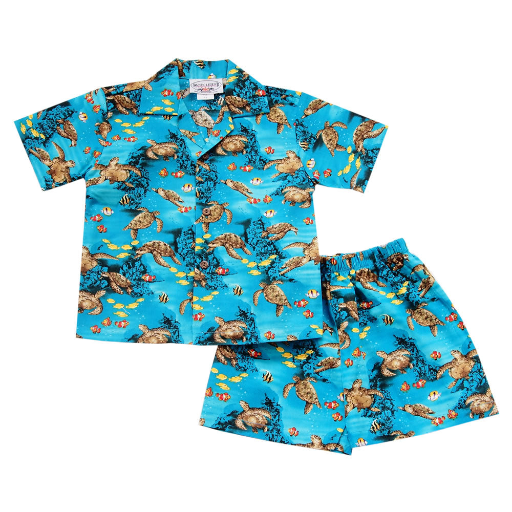 Sea Turtle Teal Hawaiian Boy Shirt & Shorts Set - PapayaSun