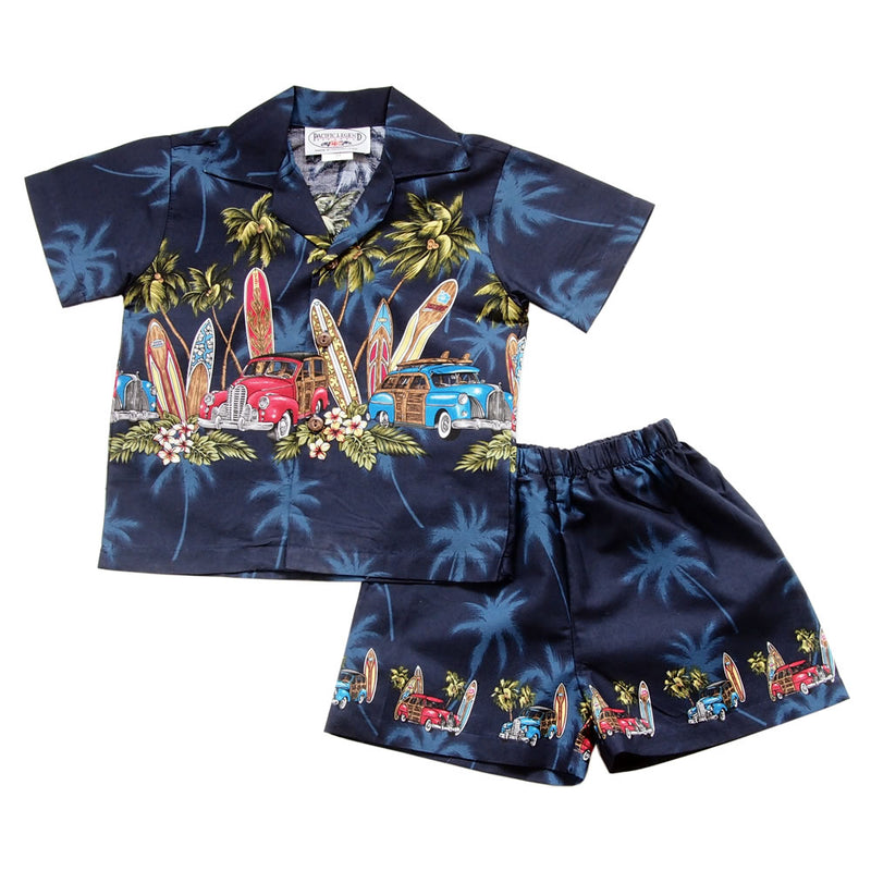 Surfs Up Navy Hawaiian Boy Shirt & Shorts Set - PapayaSun