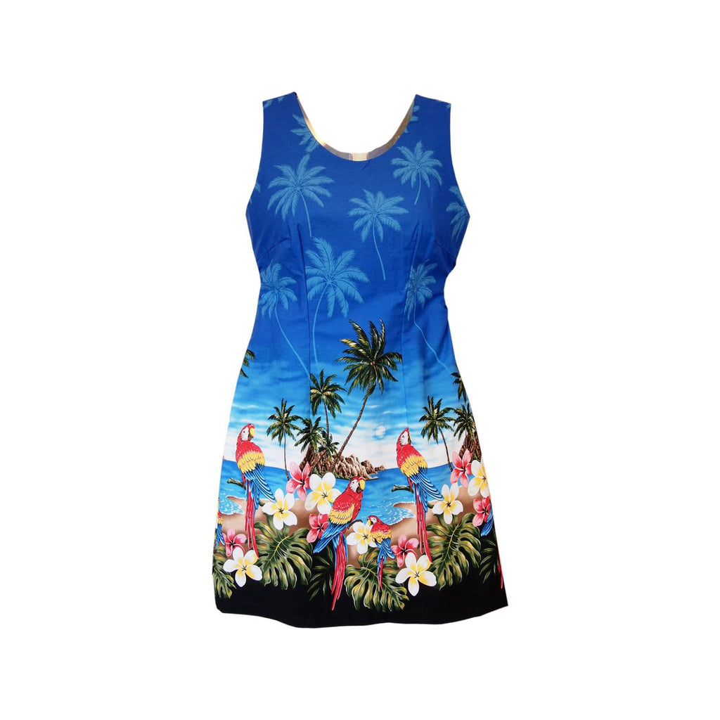 Parrot-Dise Blue Short Hawaiian Tank Floral Dress - PapayaSun