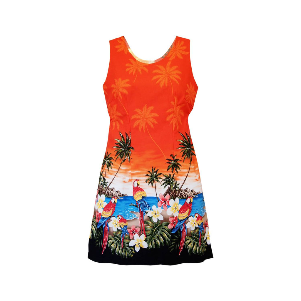 Parrot-Dise Orange Short Hawaiian Tank Floral Dress - PapayaSun