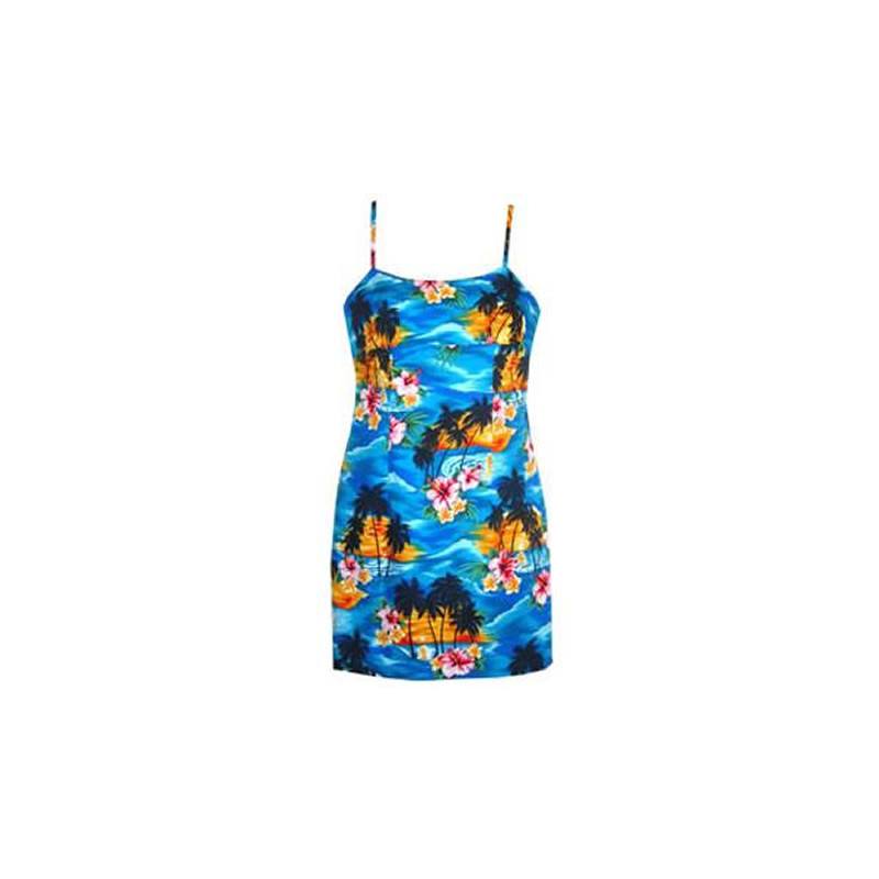 Skyburst Blue Short Hawaiian Skinny Strap Floral Dress - PapayaSun