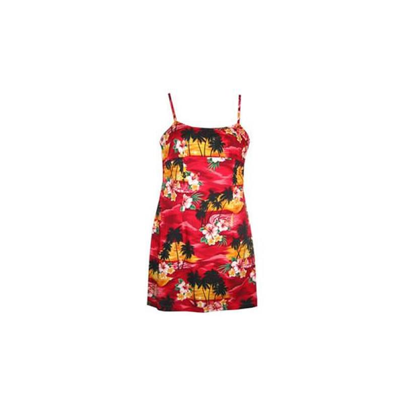 Sunburst Red Short Hawaiian Skinny Strap Floral Dress - PapayaSun