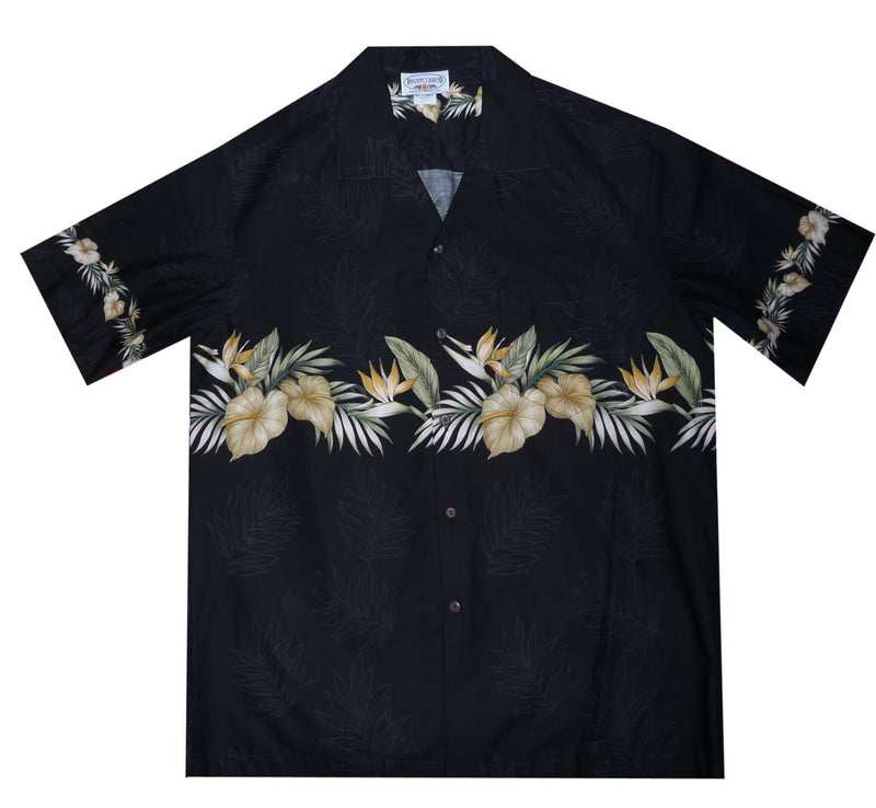 Bird of Paradise Black Hawaiian Border Aloha Sport Shirt - PapayaSun