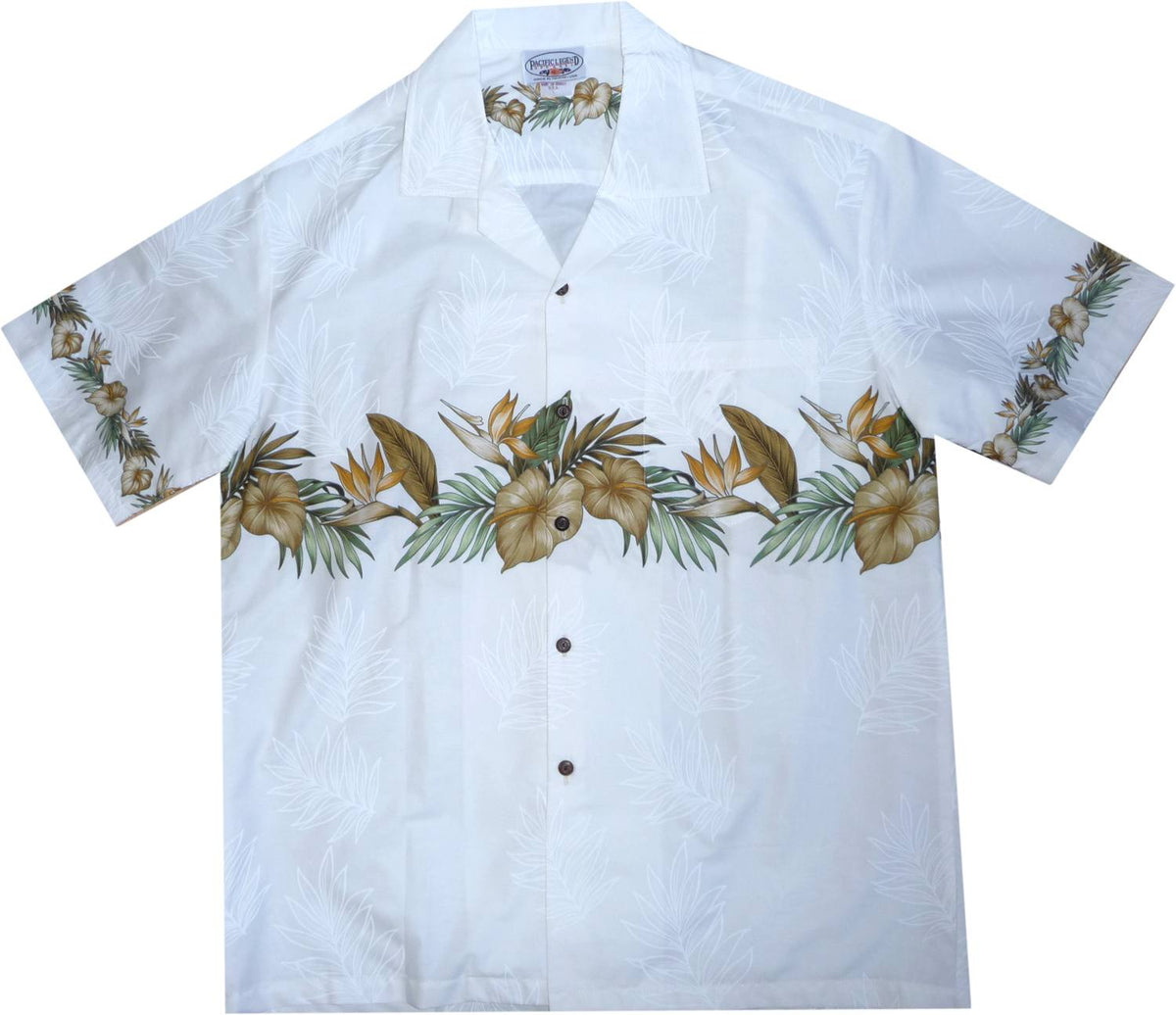 Bird of Paradise White Hawaiian Border Aloha Sport Shirt - PapayaSun
