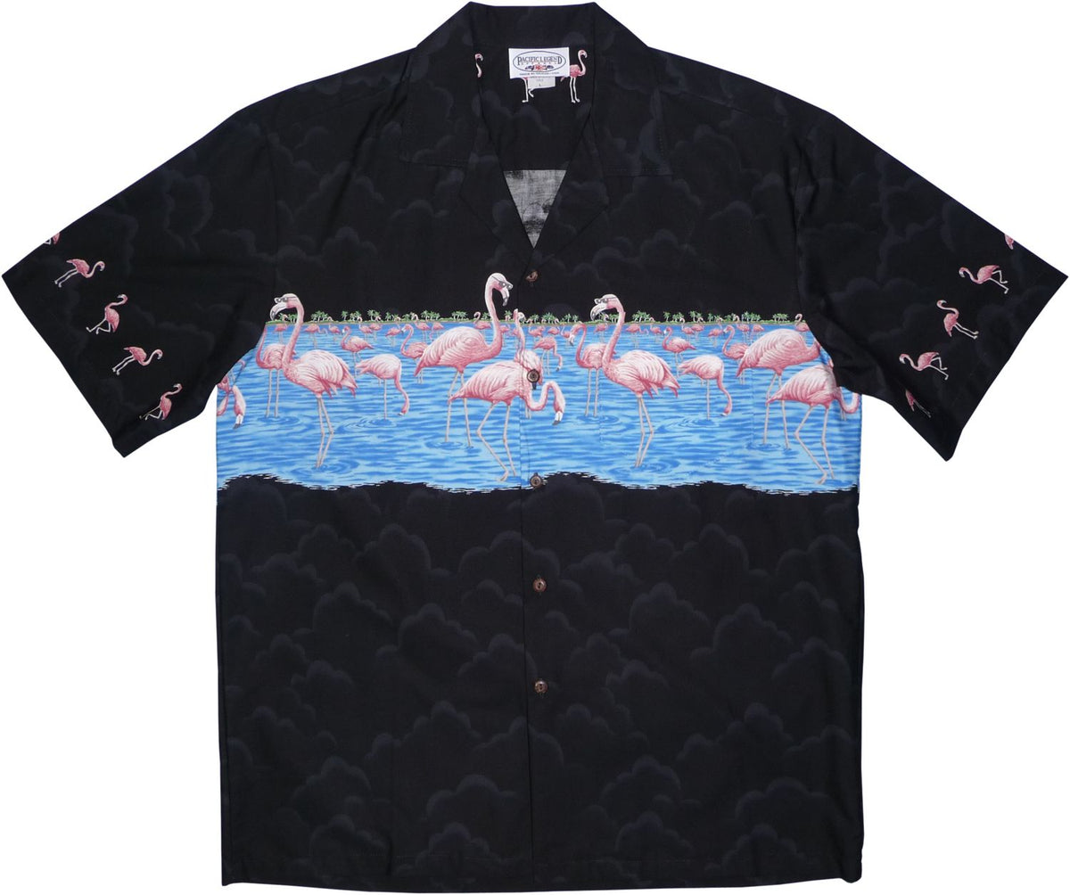 Flamingo Black Hawaiian Border Aloha Sport Shirt - PapayaSun