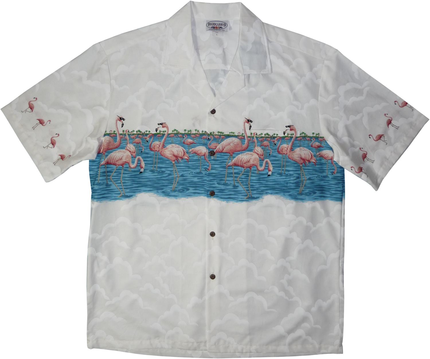 Flamingo White Hawaiian Border Aloha Sport Shirt - PapayaSun