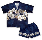 Hibiscus Blue Hawaiian Boy Cabana Border Shirt & Shorts Set - PapayaSun