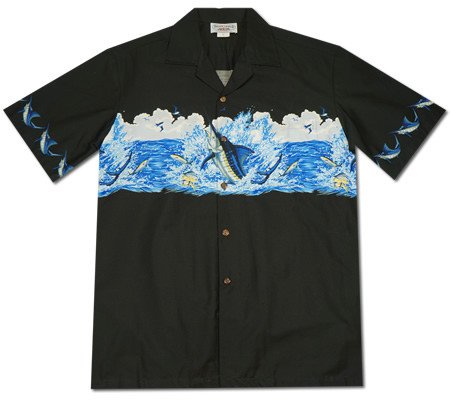 Marlin King Black Hawaiian Border Aloha Sport Shirt - PapayaSun