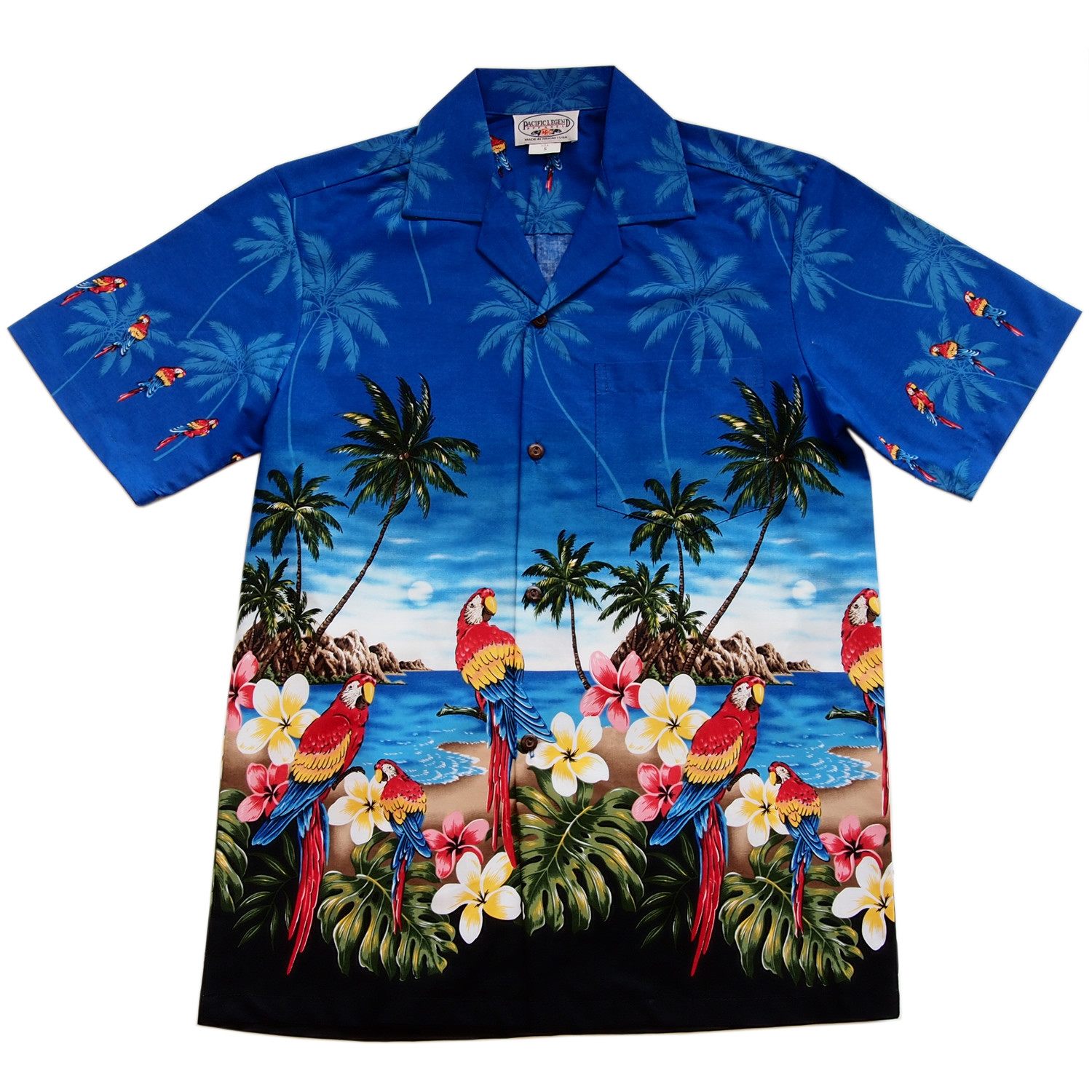 Parrot-Dise Blue Hawaiian Border Aloha Sport Shirt - PapayaSun