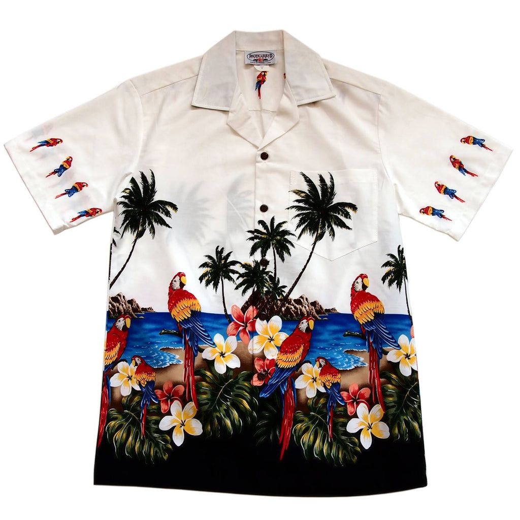 Parrot-Dise White Hawaiian Border Aloha Sport Shirt - PapayaSun