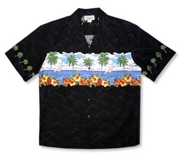 Sailing Black Hawaiian Border Aloha Sport Shirt - PapayaSun