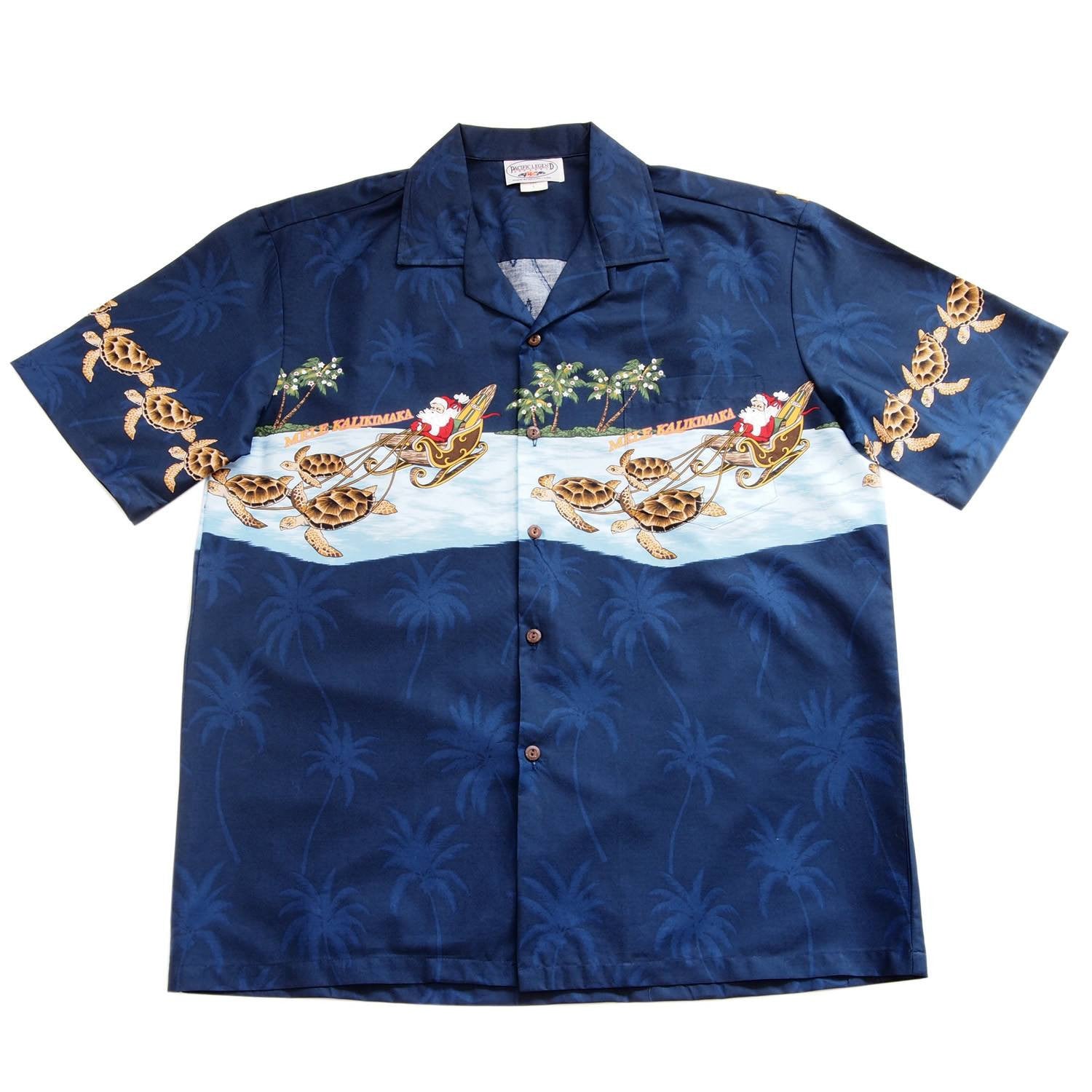 Santa Turtle Sleigh Blue Hawaiian Border Shirt - PapayaSun