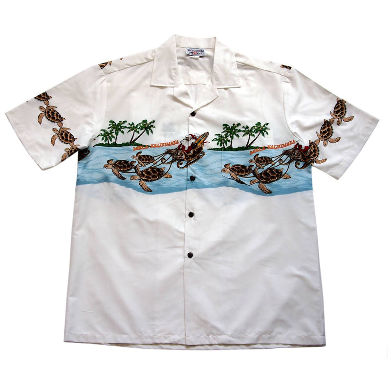 Santa Turtle Sleigh White Hawaiian Border Shirt - PapayaSun