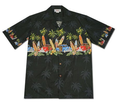Surfz Up Black Hawaiian Border Aloha Sport Shirt - PapayaSun