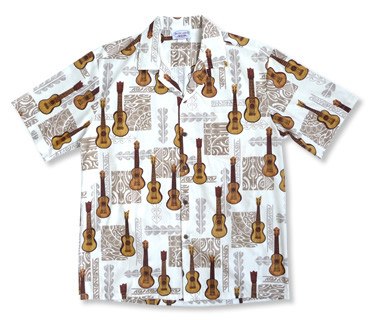 Ukulele Madness White Hawaiian Cotton Aloha Shirt - PapayaSun